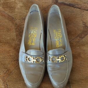 Salvatore Ferragamo Taupe Leather Loafers with Gold Horsebit
